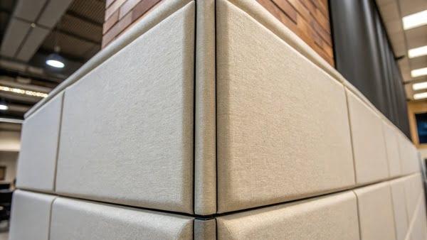 Close-up view of fabric-wrapped acoustic wall panels installed around a corner in a commercial interior, showing clean lines and noise-reduction design