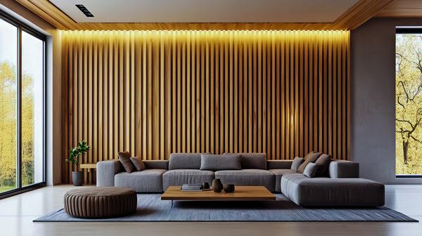 Modern office lobby with vertical acoustic wall panels behind seating area, providing stylish sound control and aesthetic appeal