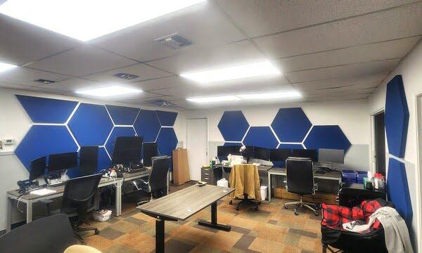 Hexagonal blue acoustic panels installed on office walls