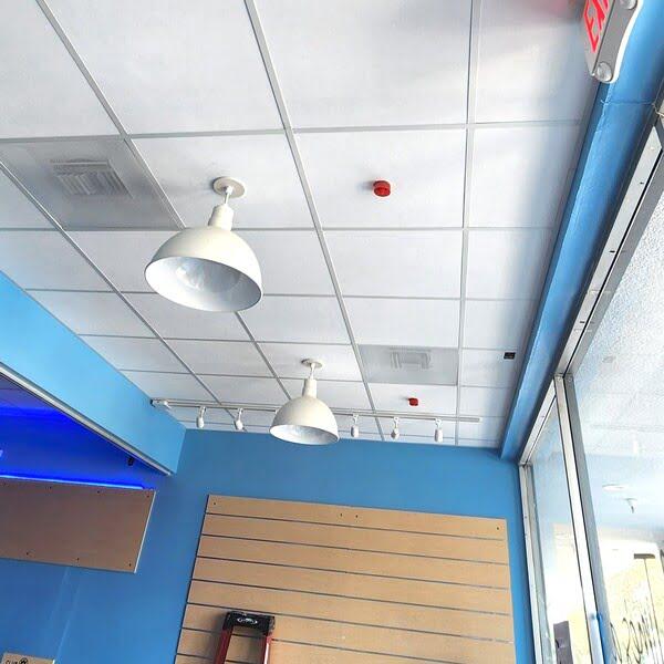 Ceiling tiles with pendant lights in a store with blue walls
