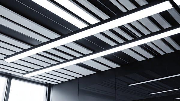 Modern office ceiling with linear decorative panels and suspended LED lighting, designed for a sleek, high-end architectural look