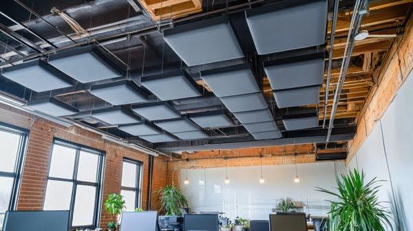 Suspended acoustic baffles installed in an open ceiling office for sound absorption and modern design, ideal for creative or coworking spaces